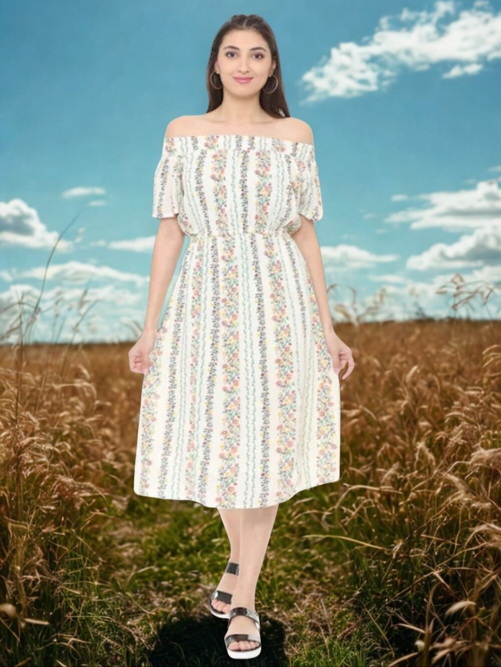 Old Navy Floral Striped Off-Shoulder Midi Dress in Cream